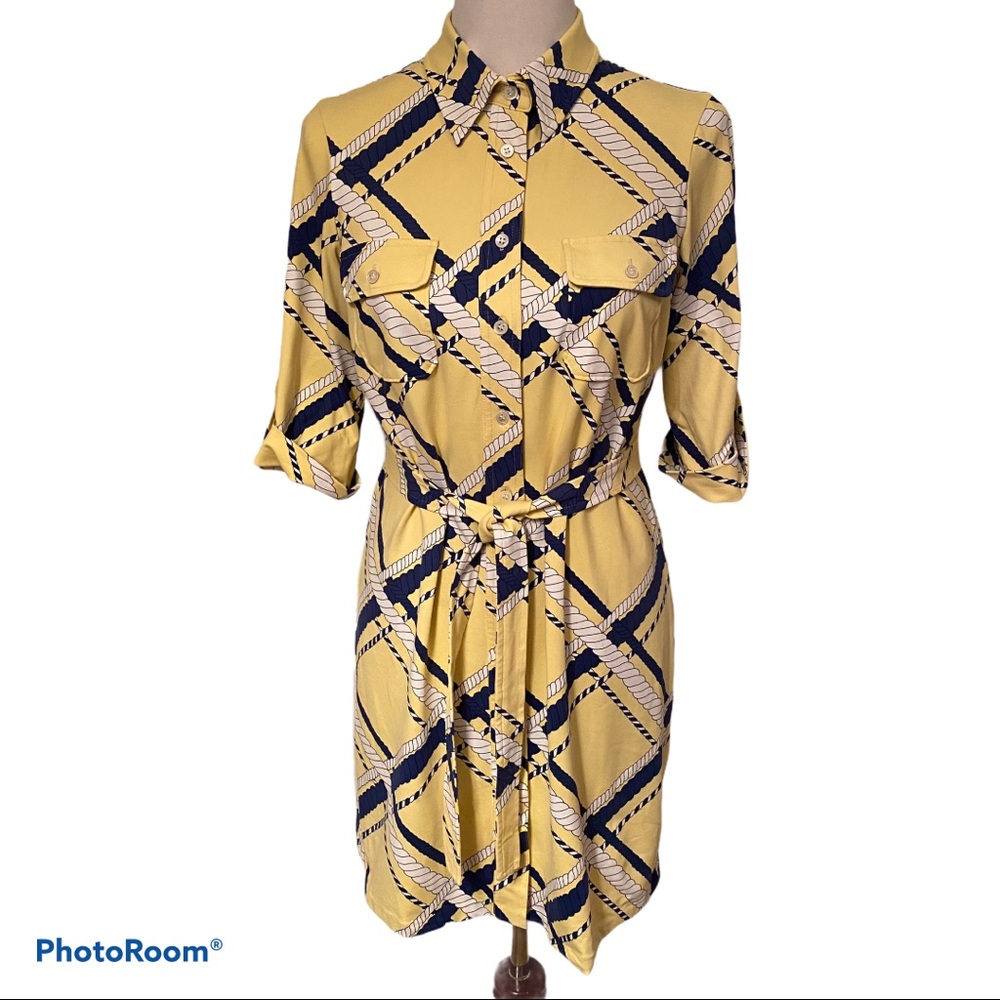 J. McLAUGHLIN SHIRT DRESS BELT BUTTON FRONT Yellow Blue size M